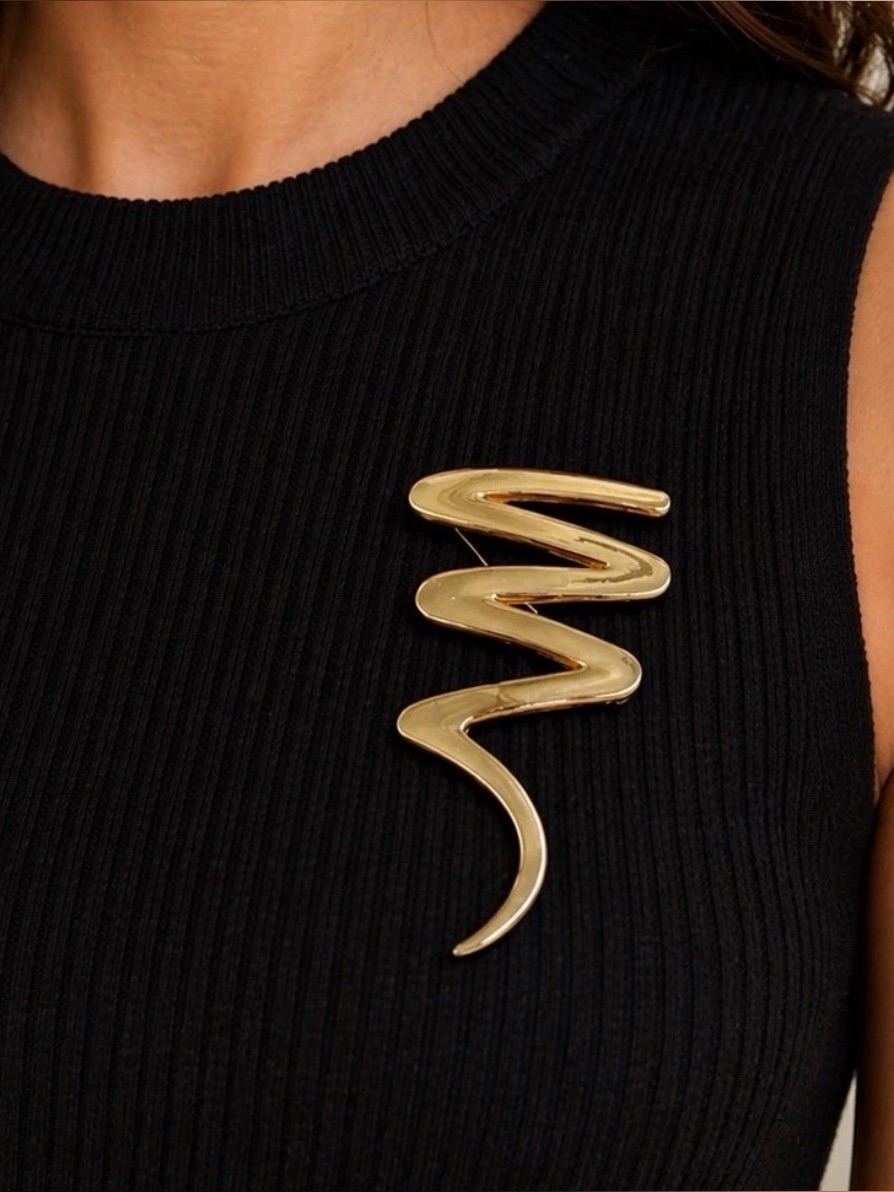 1980s Rattle Snake Unisex Brooch Pin Modernist Abstract Style Gold Plated Met